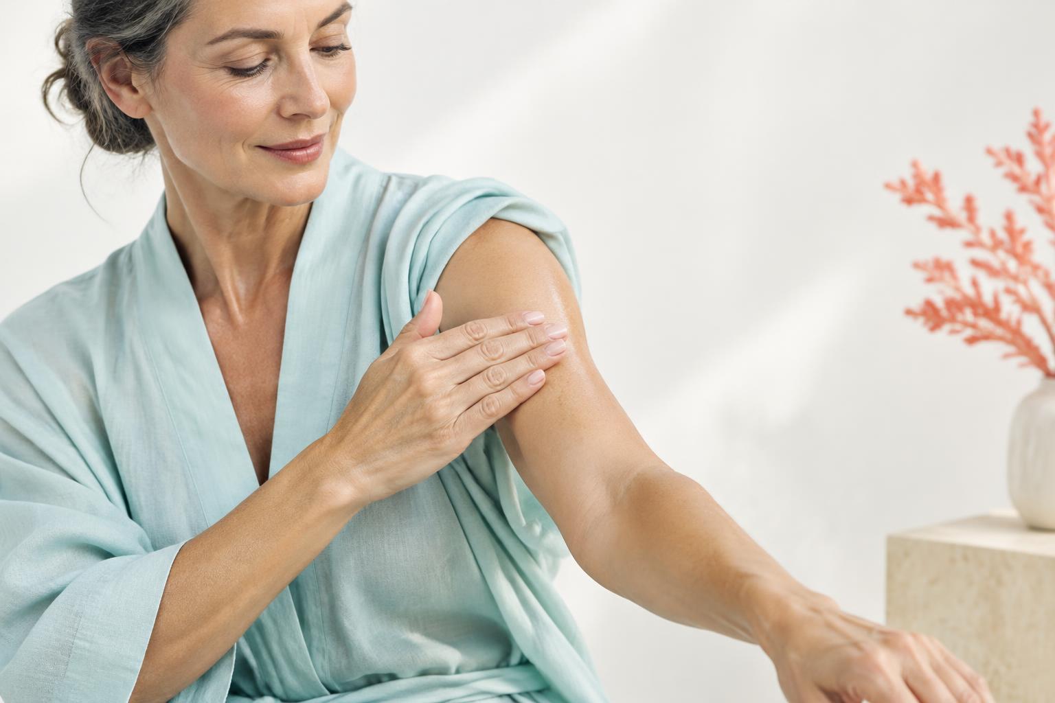 Woman gently massaging her upper arm as part of a skincare routine