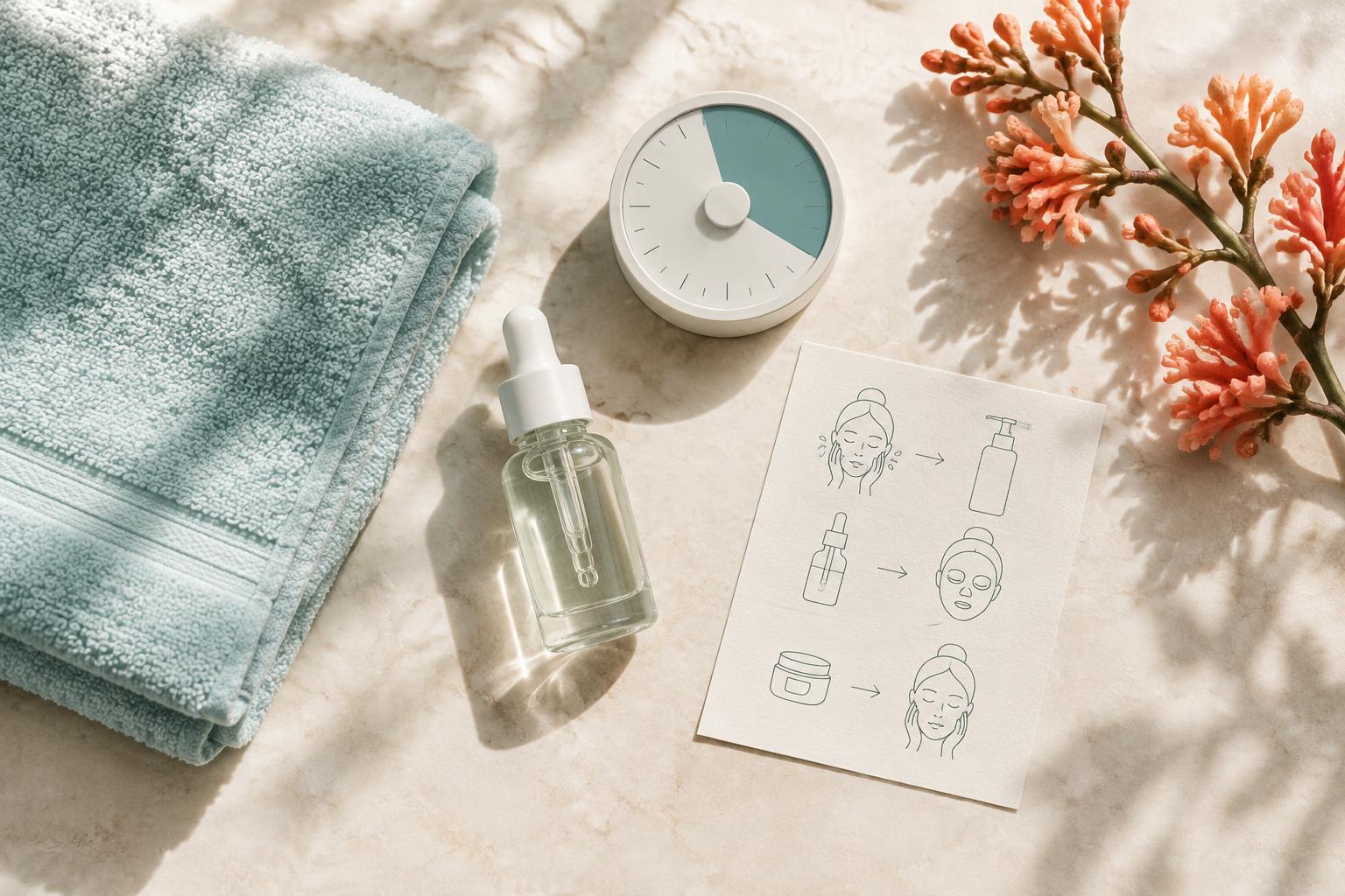 Towel, serum dropper and timer arranged for a skincare routine